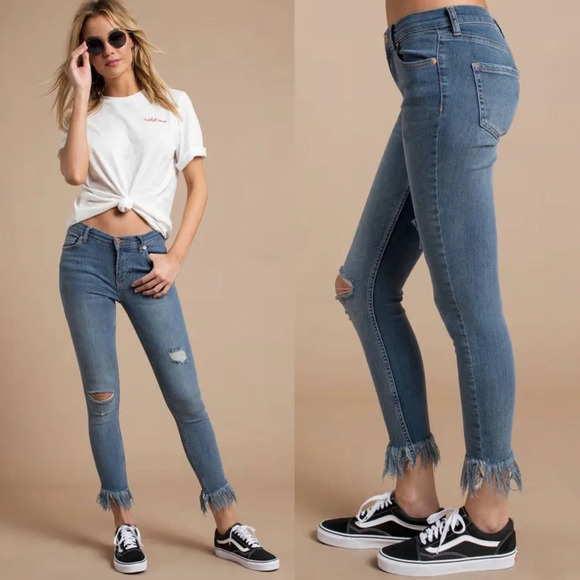 Free People Medium Wash Great Heights Frayed Fringe Hem Skinny Jeans Size 26 - Picture 7 of 11